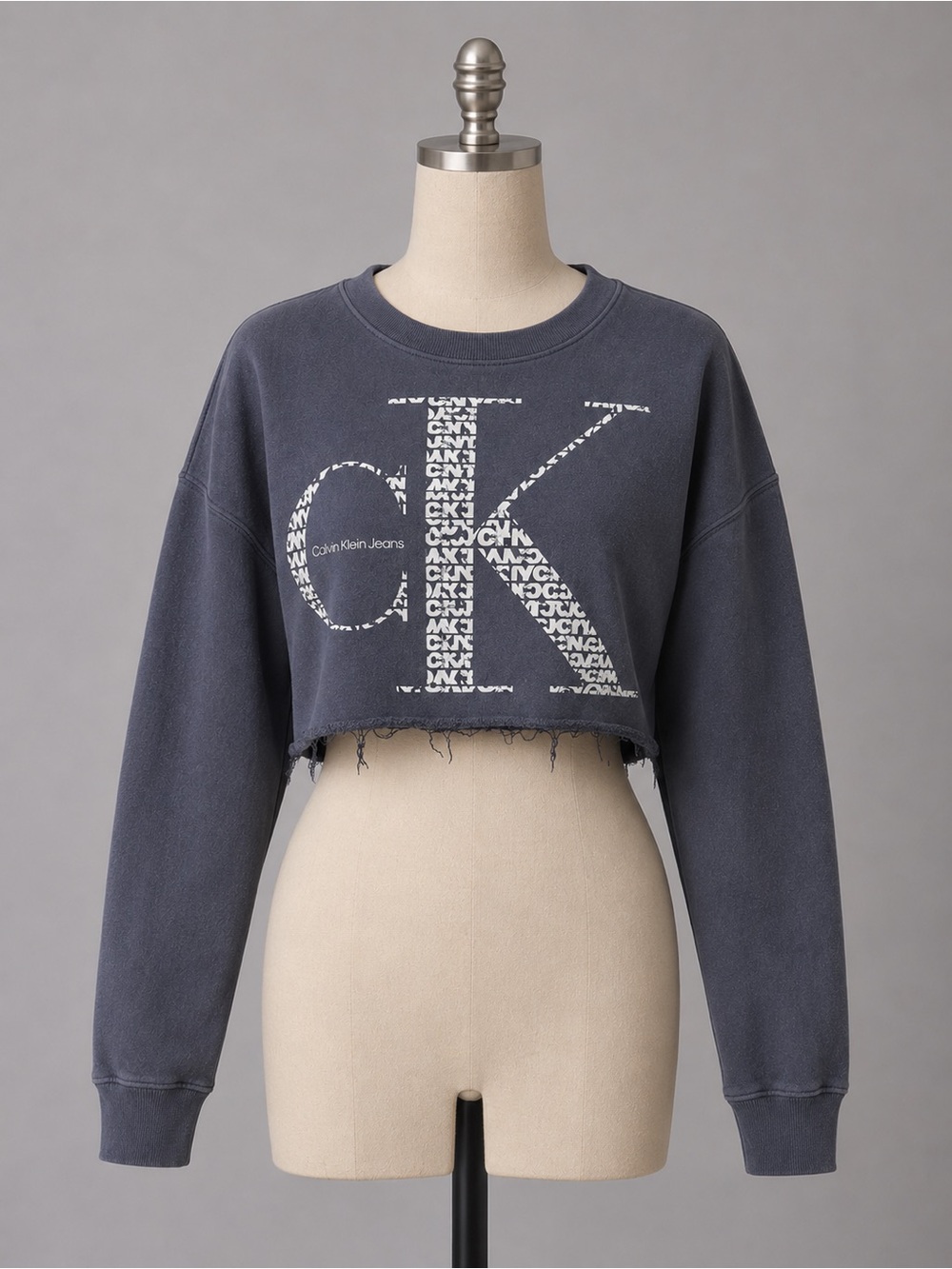 Calvin Klein Cropped Crewneck Sweatshirt in Charcoal Gray with White CK Logo